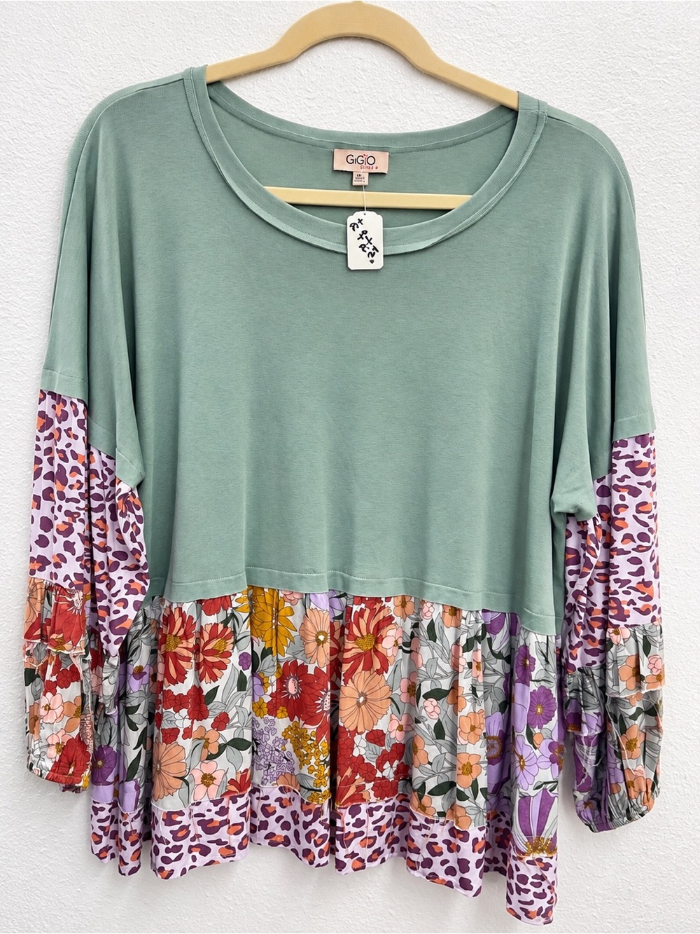 GGO Sage Green Mixed-Print Tiered Long-Sleeve Blouse